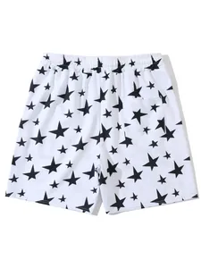 Detailed back view of men's white beach shorts featuring all-over black star print.
