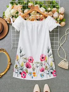 Vestido de Verano con Estampado Floral para Mujer Hombros Descubiertos Manga Anudada Blanco Sexy Vestido Mini de Poliéster