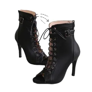 Elegant black lace-up peep-toe high-heel sandals for women with stylish buckle ankle straps.