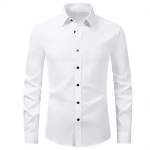 Classic men's white long-sleeved business dress shirt featuring stylish black buttons detail