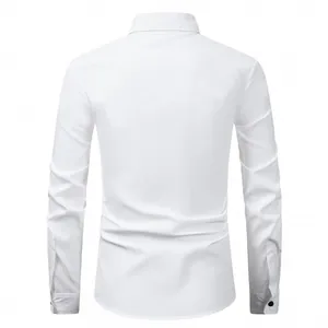 Back view detail of a crisp white long-sleeved formal business dress shirt for men