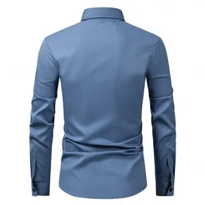 Detailed back view of a classic blue long-sleeved men's business casual dress shirt