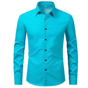 Close-up of a men's cyan long-sleeve dress shirt with a classic button-down front