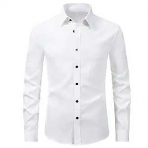 Front view of white long-sleeved men's business casual shirt with black buttons