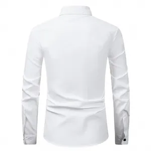 Detailed back view of a classic white long-sleeve business shirt for men in white