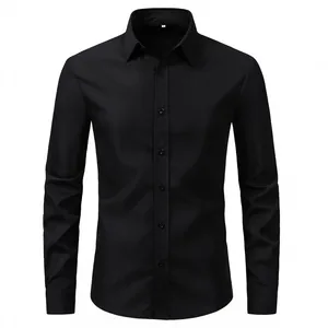 Professional front view of a classic black long-sleeved business dress shirt for men