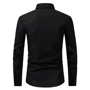 Rear view detail of the black slim fit long-sleeved business dress shirt for men