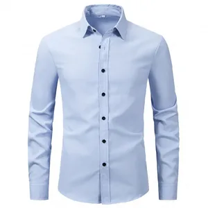 Full front view of a light blue long-sleeve business dress shirt with black buttons