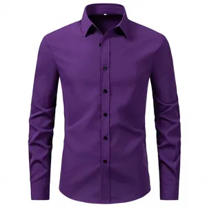 Professional men's solid purple long-sleeve business dress shirt with a classic button-down front