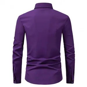 Detailed back view of a men's professional long-sleeve purple business dress shirt