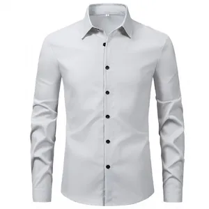 Frontal view of a men's classic light gray long-sleeve solid color formal business shirt