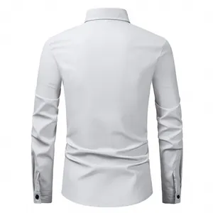 Back view of a light grey long-sleeve men's business dress shirt on white background
