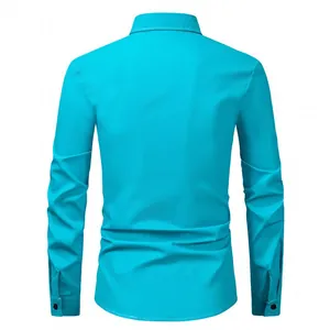 Back view of a turquoise men's long-sleeve business casual shirt with a turn-down collar