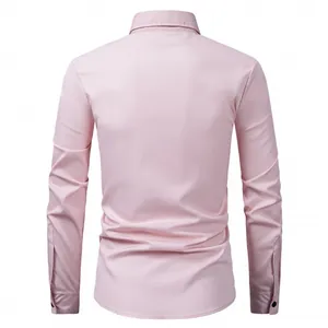 Detailed back view of a men's light pink long-sleeved slim-fit business dress shirt.