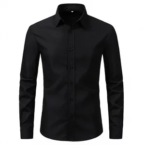 Front view detail of a classic black long-sleeved men's business formal dress shirt