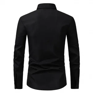 Back view of a classic black long-sleeved men's business casual dress shirt