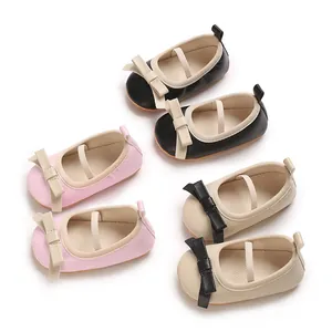 Adorable baby girl Mary Jane princess sandals in black, pink, and beige with cute bows.
