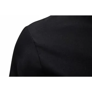 Close-up of black business shirt shoulder showing fabric texture and stitching.