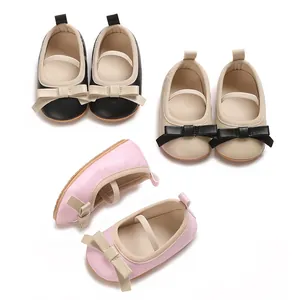 Three pairs of baby girl princess sandals with cute bows in black, beige, and pink colors
