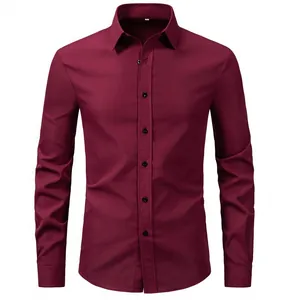Front view of men's burgundy long-sleeve dress shirt with button-down collar
