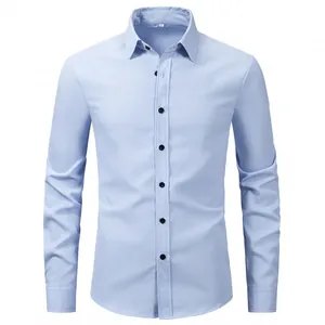 Close-up detail of a light blue long-sleeved business formal shirt for men with buttons