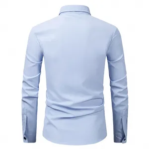 Back view of a light blue slim-fit long-sleeve business formal shirt for men.
