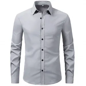 A full front view of a professional grey long-sleeve business dress shirt with black buttons