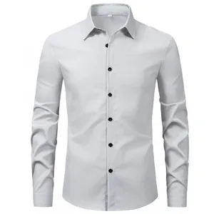 Classic white long-sleeved men's business casual shirt featuring elegant black buttons