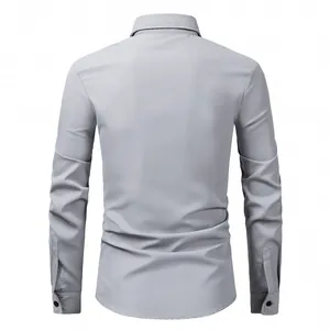 Back view of minimalist grey long-sleeved dress shirt for men in business casual style.