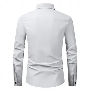 Back view of slim fit men's long sleeve white business casual shirt with button cuffs