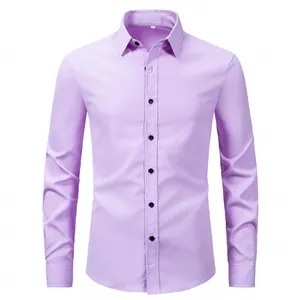 Front view of men's lavender long sleeve formal business dress shirt with buttons