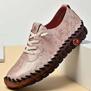 Elegant floral hand-stitched women's casual flats with comfortable soft anti-slip brown sole