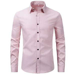 Front view of a men's light pink long-sleeved business casual shirt with dark buttons