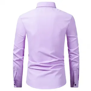 Detailed back view of a light purple men's long-sleeved slim business shirt.