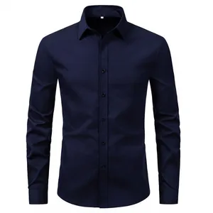 Front view of a men's navy blue long-sleeve business casual dress shirt