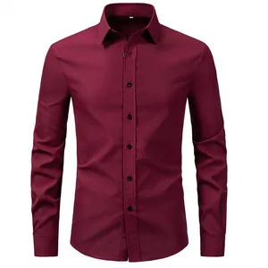 Detailed front view of a men's long-sleeve burgundy formal business casual dress shirt