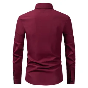 Detailed back view of men's long-sleeve maroon business formal solid color shirt