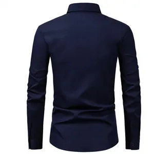 Detailed back view of a slim-fit navy blue long-sleeved formal business shirt for men.