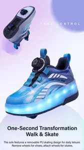 Kids LED roller shoes with dual wheels and convenient rotating buckle closure for fun.