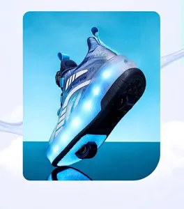 Detailed view of kids' blue LED roller shoes with dual wheels and stable sole