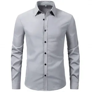 Frontal view of a light grey men's long-sleeved shirt featuring a classic collar design