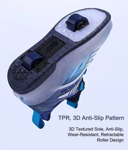 Detail of kids roller shoe sole featuring TPR 3D anti-slip texture and retractable wheels.