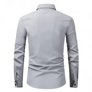 Detailed back view of a minimalist light grey long-sleeved dress shirt for professional men.