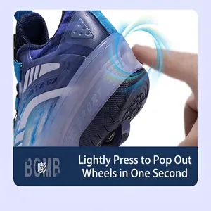 Detail showing push-button mechanism for popping out roller wheels on kids' shoes