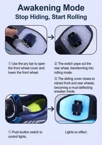Instructional guide for children's roller shoes featuring retractable wheels and LED lights