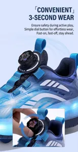 Close-up detail of children's roller shoes with LED lights and quick-lace rotary buckle