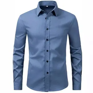 Men Business Formal Long Sleeve Shirt Solid Color Turn-down Collar Button Down Slim Fit Casual Professional Office Dress Shirt Top