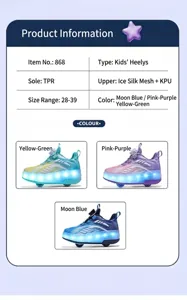 Detailed view of kids' LED roller shoes in yellow, purple, and blue color options