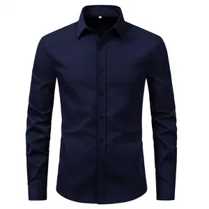 Formal front view of a navy blue long-sleeved men's business casual dress shirt