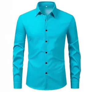 Elegant turquoise men's long-sleeved business dress shirt featuring premium black buttons
